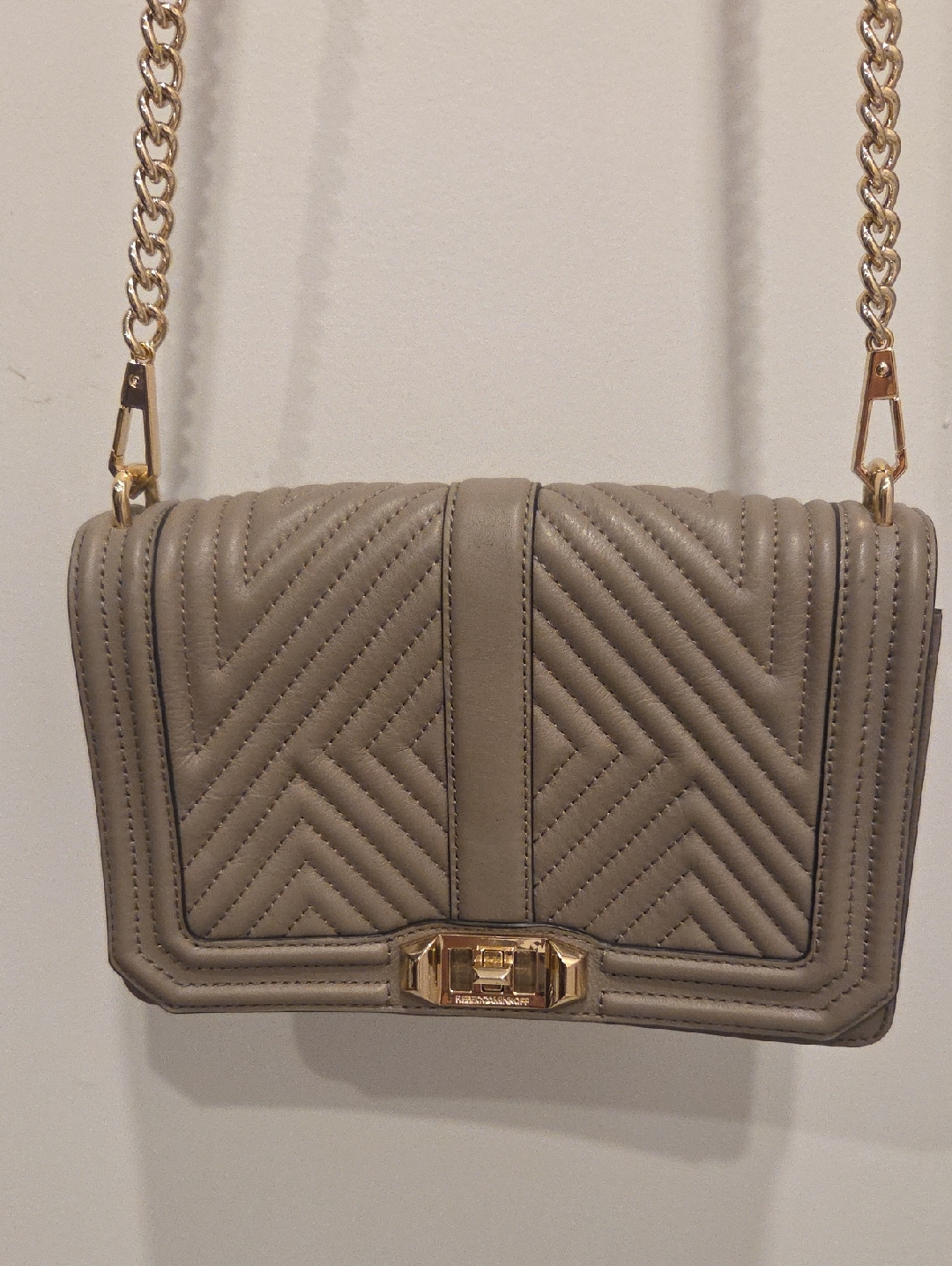 Rebecca Minkoff Taupe Quilted Leather Crossbody With Gold Chain